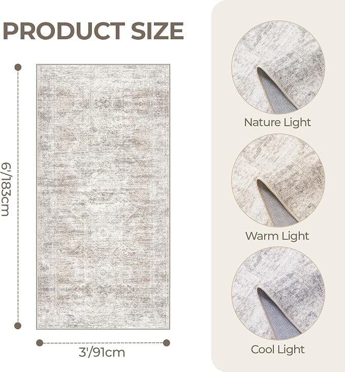 3x6 Runner Rug Non Slip, Washable Hallway Runner Rug, Taupe | Neutral Rugs - Image 2