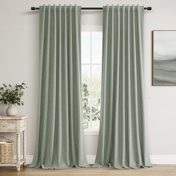 Desert Sage 100% Blackout Linen Curtains 108 Inch Length 2 Panels Set by Guken