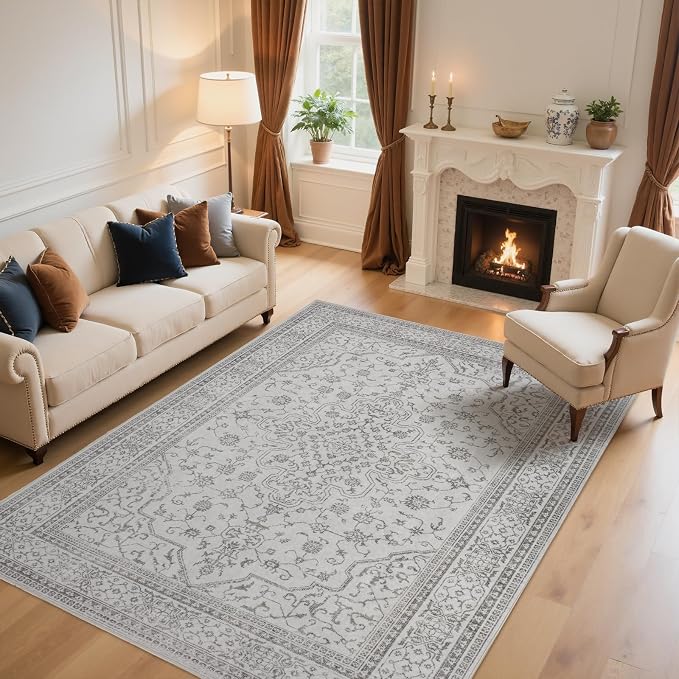 8x10 Boho Washable Area Rugs for Living Room, Dining Room-Gray White | Retro - Image 8