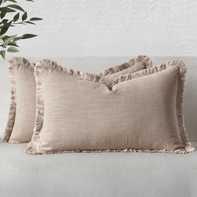 MIULEE Natural Linen Fringe Decorative Lumbar Throw Pillow Covers 12x20 | Set by MIULEE