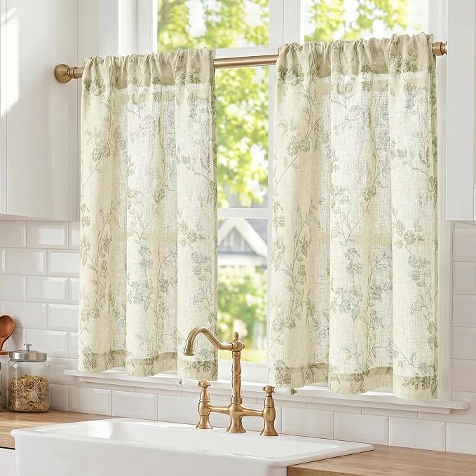 Green on Beige Linen Kitchen Curtains Rod Pocket 26W X 36L 2 Panels | Elisa by Lazzzy