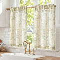 Green on Beige Linen Kitchen Curtains Rod Pocket 26W X 36L 2 Panels | Elisa by Lazzzy