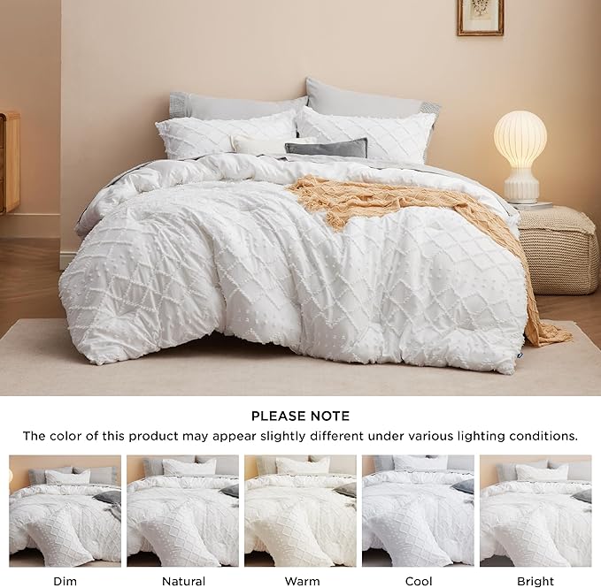 Bedsure Queen Comforter Set - White Comforter, Boho Tufted Shabby Chic Bedding Comforter Set for Kids, 3 Pieces Vintage Farmhouse Bed Set for All Seasons, Fluffy Soft Bedding Set with 2 Pillow Shams