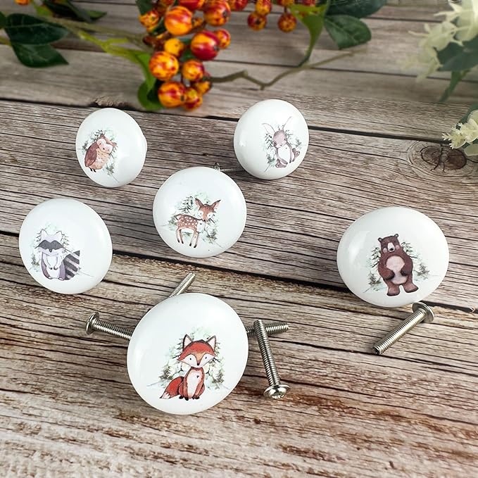 6PCS 1.5" Nursery Safari Animals Ceramics Drawer Handle Pulls Cute Decor Dresser Knobs Children's Cabinet Knob (Bear)