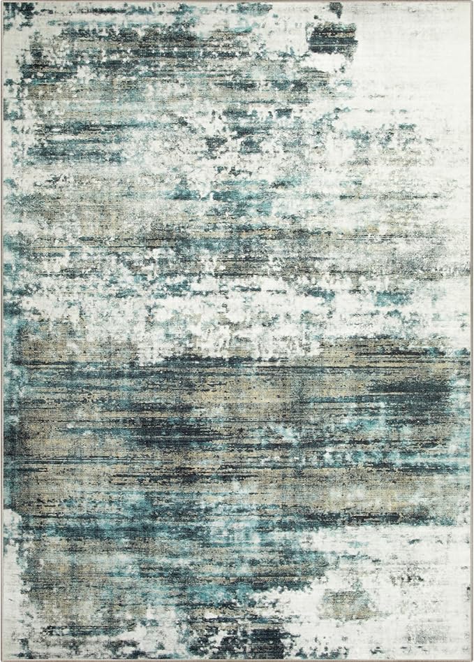 5x7 Area Rugs for Living Room: Washable Abstract Teal Green Badroom Carpet | - Image 8
