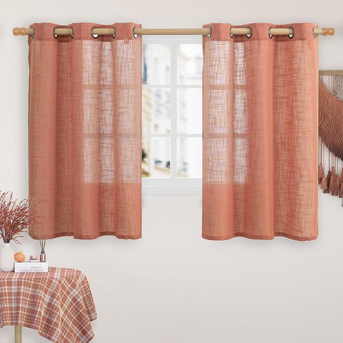 Terracotta Linen Curtains 54 Inch Length 2 Panel Set, Semi Sheer Bronze Grommet by LAMIT