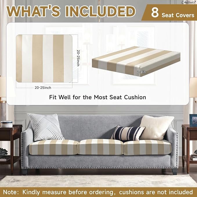 CALBODE 8 Pcs Outdoor Seat Cushion Covers, Striped Stretch Chair Seat Cover - Image 2