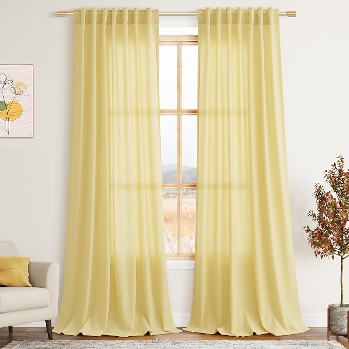 Yellow Linen Boho Curtains for Bedroom Back Tab Rod Pocket Semi Sheer Linen by Nanspring