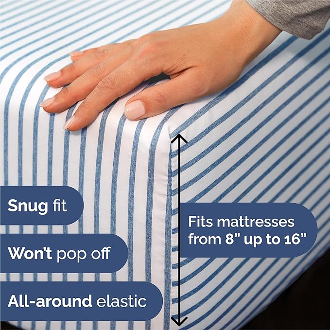Split King 7 Piece Sheet Set - Comfy Breathable & Cooling - Soft Hotel Luxury Bedding Set w/ 8-16 Inch Deep Pockets - 1 Flat & 2 Fitted Sheet & 4 Pillowcases - Cozy and Wrinkle Free - Blue Stripes 2