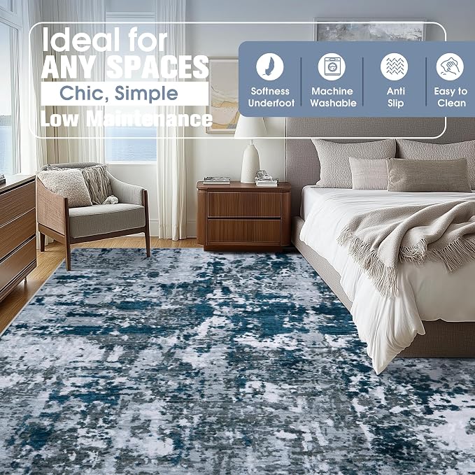 Aelenmu 10x14 Area Rugs for Living Room Washable Dining Room Navy Grey | Modern - Image 2