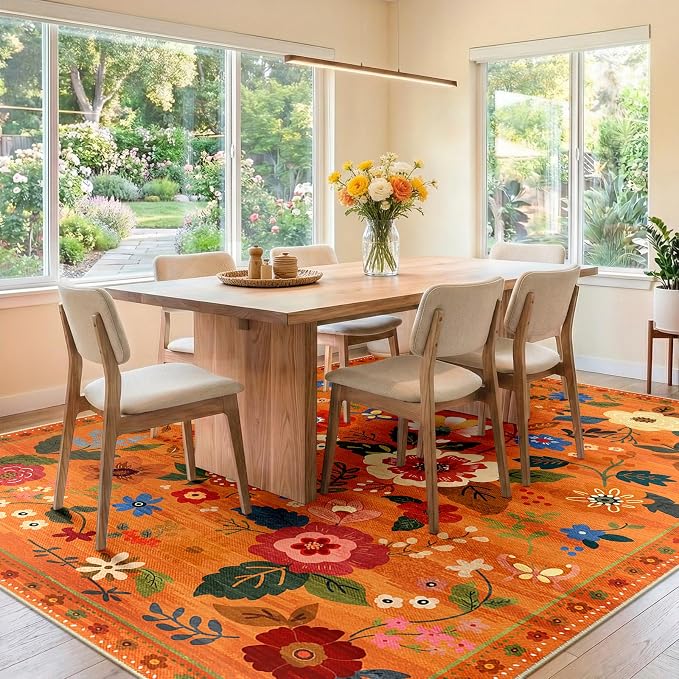 RELEANY Floral Washable 8x10 Area Rugs BurntOrange | Flower Carpet Print Boho - Image 8