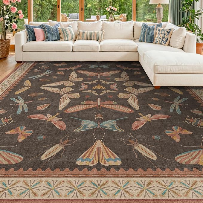 Brown 9x12 Living Room Area Rug, Washable Whimsical Insect Carpet - Image 6