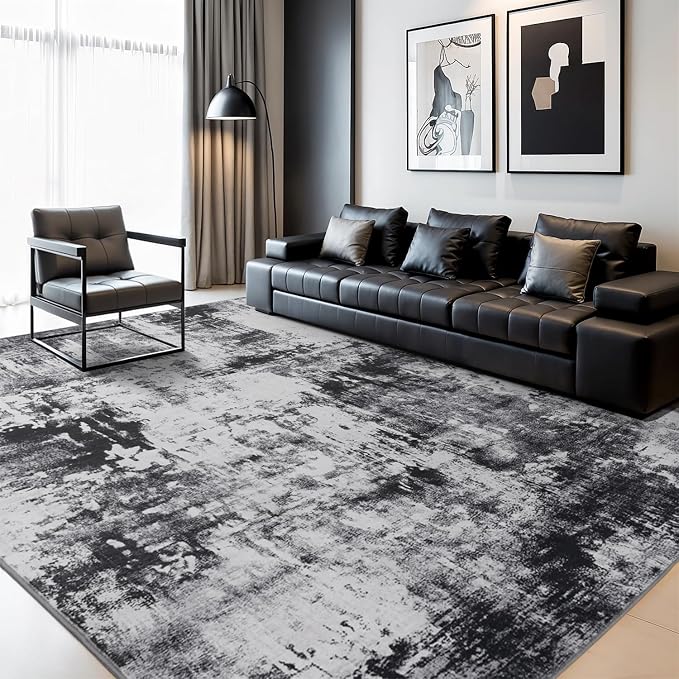 Rugflix 9x12 Area Rugs for Living Room, Washable Black Grey Dark Large Rug | - Image 9