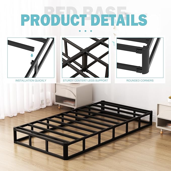 7 Inch Twin Box Spring Bed Base, Low Profile Metal Boxspring Twin with Fabric Cover, 2000 Lbs Max Weight Capacity Mattress Foundation, Noise-Free, Easy Assembly