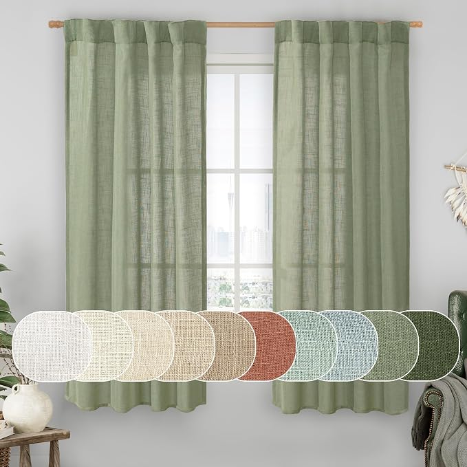 60 Inch Length Window Linen Curtains, Light Filtering Sheer Panels | Semi Sheer by LAMIT