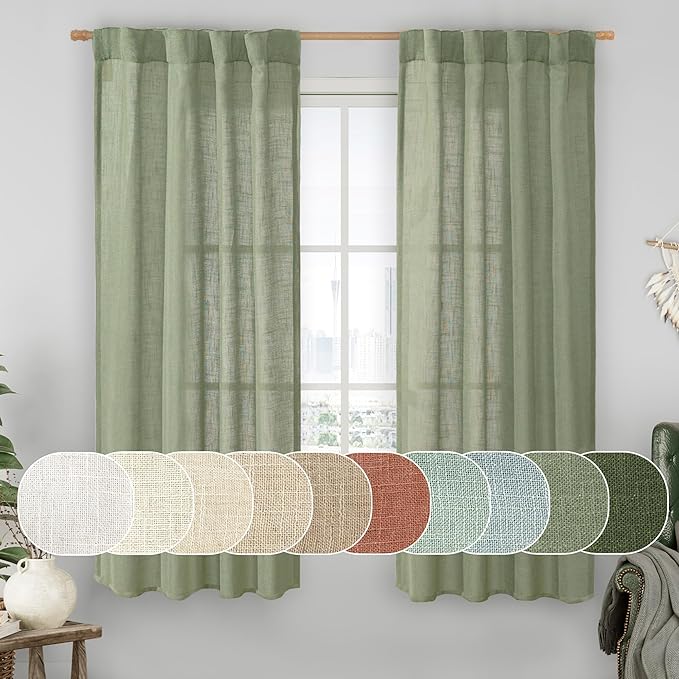 Sage Green Linen Semi Sheer Curtains 63 Inch by LAMIT
