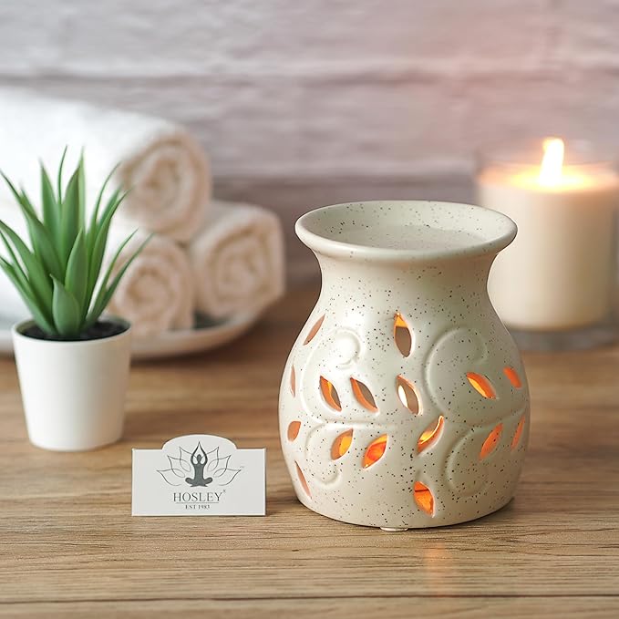 Hosley Elegant Ceramic Oil Warmers with Leaf Pattern and Speckle Design 4.5 Inches High Tealight Compatible for Aromatherapy and Home Decor Set of 3