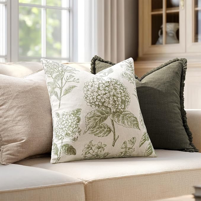 Set of 2 Decorative Floral Pillow Covers 16x16 Inch Light Green | Neutral - Image 3