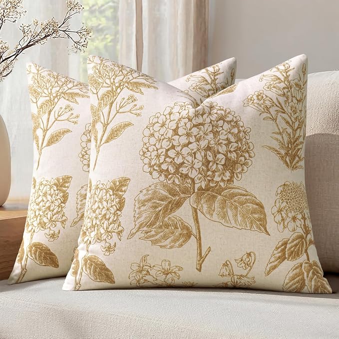 Set of 2 Decorative Floral Pillow Covers 20x20 Inch Light Yellow | Neutral by SWANCOCO
