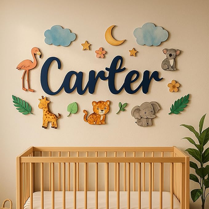 Custom Nursery Name Sign with Themed Decor Kit | Personalized Wooden Wall Art for Baby, Kids Room | Space, Jungle, Circus, Under The Sea, Woodland, Rainbow (40", Jungle/Safari)