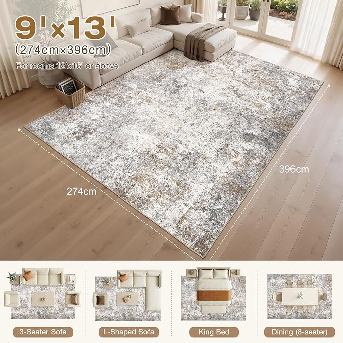 UERMEI 9x13 Area Rug Living Room Rugs Washable Neutral Brown Grey Carpet | - Image 3
