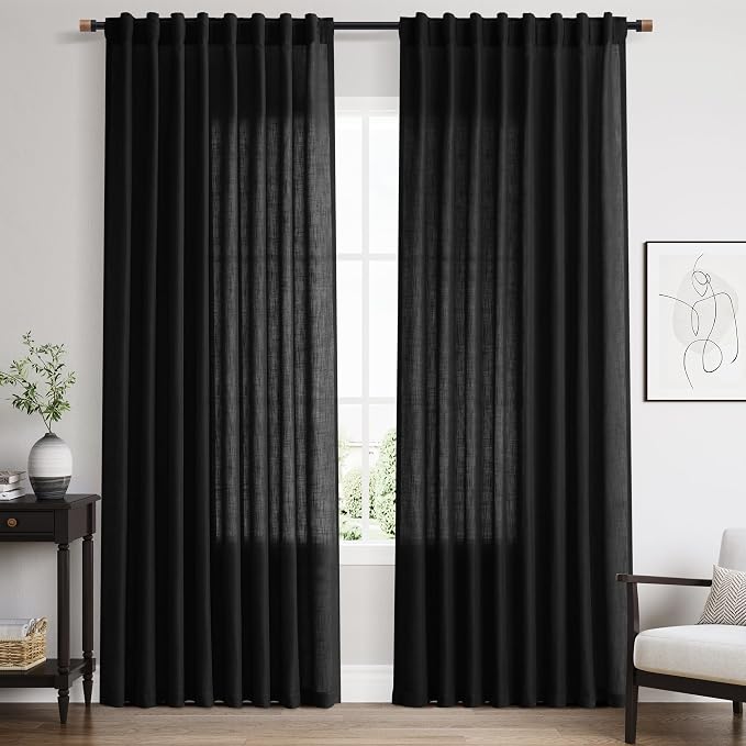 Linen Curtains 84 Inch Length for Living Room Bedroom Black Simple Modern Semi by Nanspring