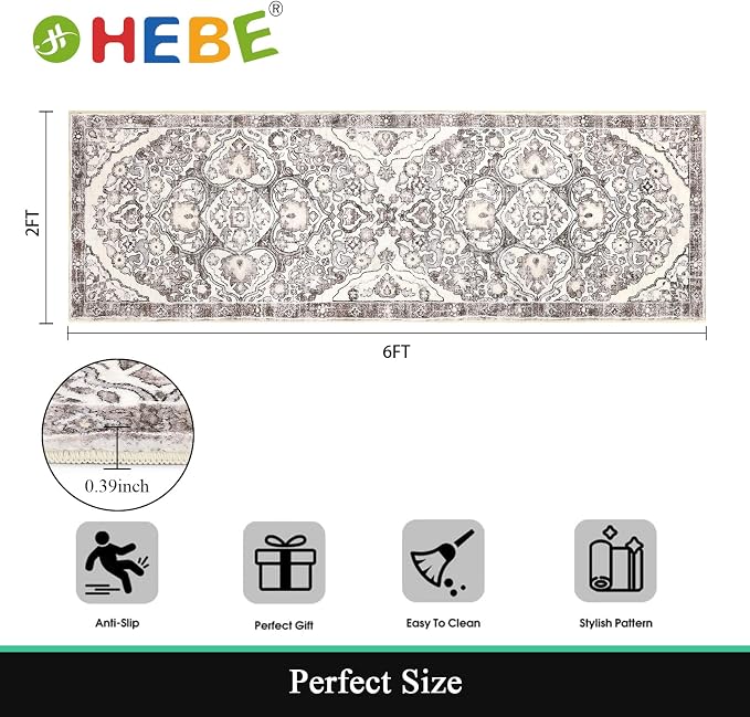 HEBE Hallway Runner Rug 2'x6', Washable Non Slip Kitchen Rug Runner | Soft Boho - Image 2