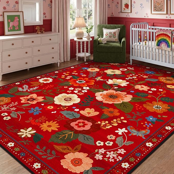 Floral Washable 8x10 Area Rugs Red/Orange | Flower Carpet Print Boho Cute Non - Image 6