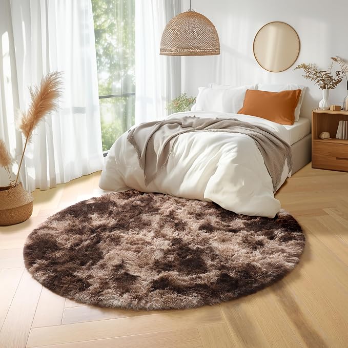 Amdrebio Brown Tan Round Fluffy Kids Area Rug 5Ft - Image 7