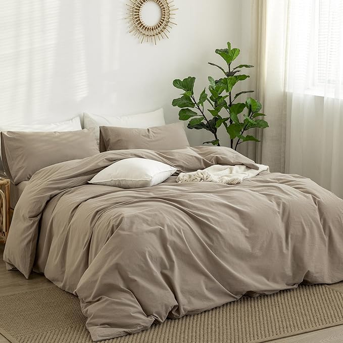 MooMee Bedding Duvet Cover Set 100% Washed Cotton Linen Like Textured Breathable Durable Soft Comfy (Solid Light Camel, Alaska King 132"x120")