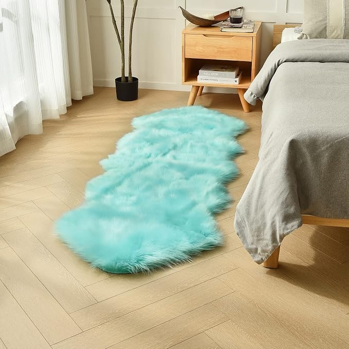 Turquoise Blue Faux Sheepskin Runner Rugs 2x6 ft, Fluffy Fur Couch Covers | - Image 3