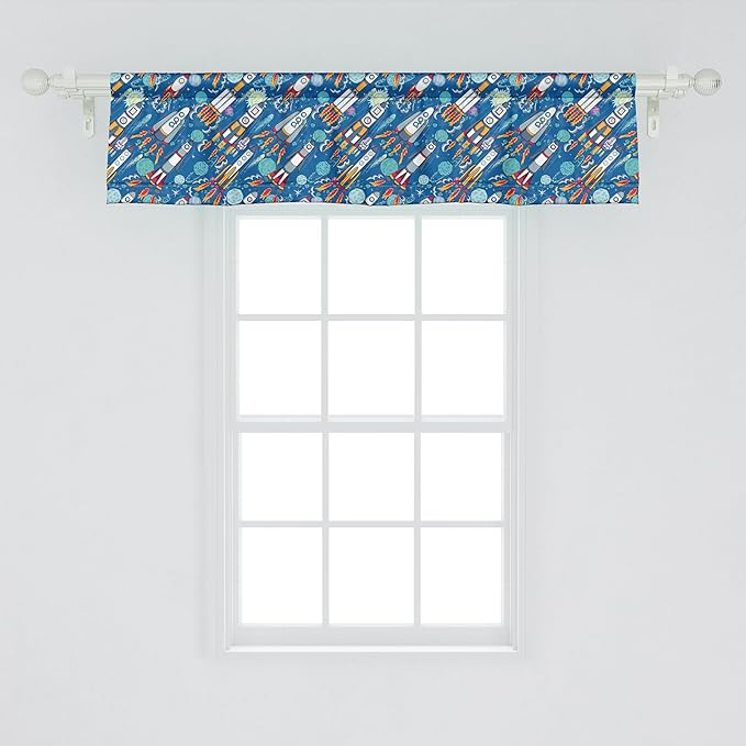 Ambesonne Spaceship Window Valance Pack of 2, Hand-Drawn Cartoon Spaceships Planets and Stars Outer Space Exploration Theme, Rod Pocket Curtain Valances for Kitchen Bedroom, 42" X 12", Violet Blue