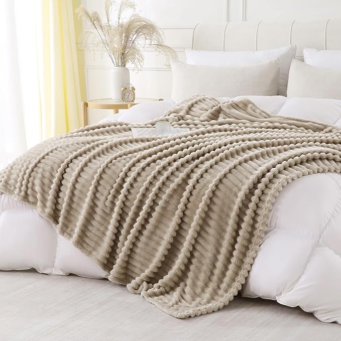 Khaki Throw Blanket for Couch Sofa 60x80 inches Striped Design | Fleece by Unknown