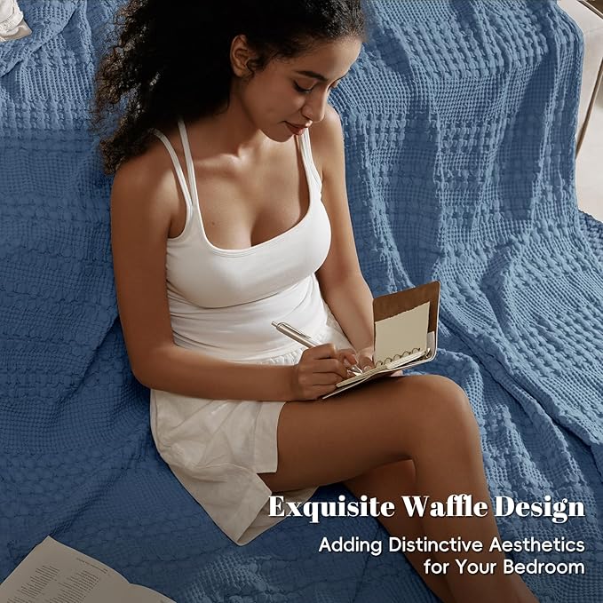 PHF 100% Cotton Waffle Weave Blanket Queen Size for Bed, Soft Lightweight & Breathable, All-Season Comfort, Luxury Aesthetic Woven Bedding for Home Decor, 90"x90", Denim Blue