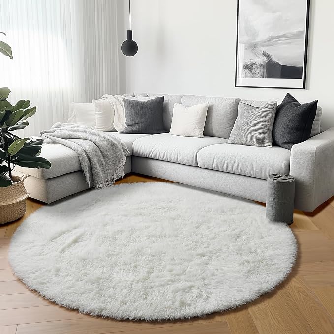 Cream White Round Rugs 5ft for Bedroom Living Room, Ivory Fluffy Circle Area - Image 3
