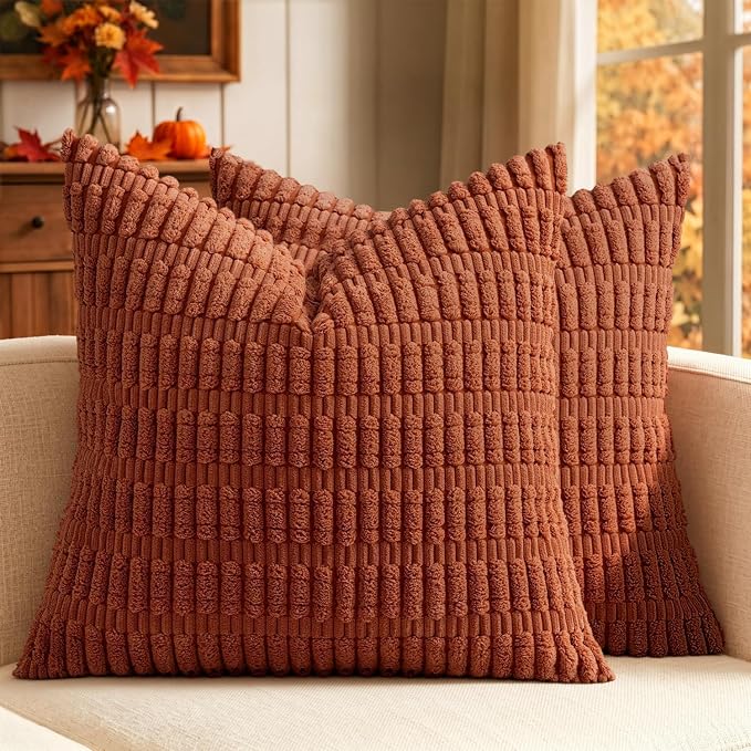 MIULEE Fall Corduroy Decorative Throw Pillow Covers 16x16 Rust Pack of 2 | by MIULEE
