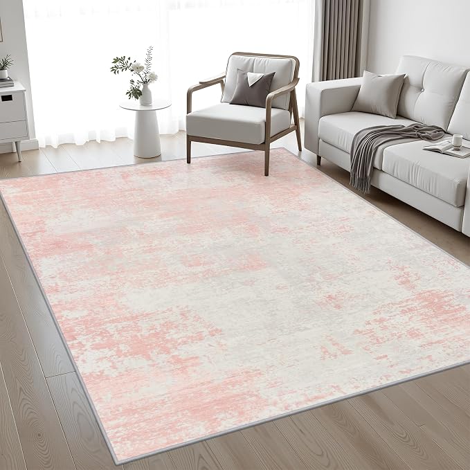 Area Rug Living Room: 4x6 Modern Washable Soft Carpet Pink White | by FXRHLP