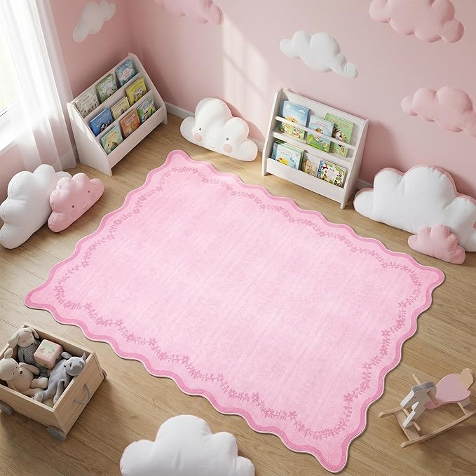 GarveeHome 4x6 Scalloped Washable Area Rug Pink Nursery Kids Bedroom Rug | Soft - Image 2