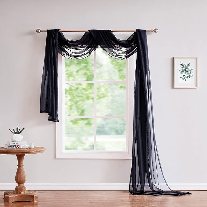 LinenZone Black Window Scarf Valance in 216 Inch Size. Use Window Scarves as Canopy Bed or Backdrop Curtains, Curtain Scarf, or Sheer Fabric for Draping. (Amazing 55 x 216, Black)