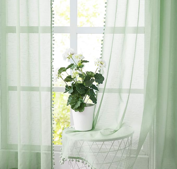 Treatmentex Pom-Pom Sheer Curtains for Living-Room Sage Green 84inch Slub Linen Textured Forest Sage Sheer Drapes for Birthday Party Décor 52" w, 2 Panels Rod Pocket