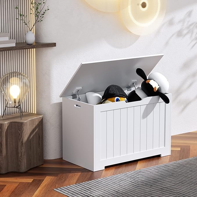 Toy Box Storage Chest for Girls Boys, Wooden Trunk Bench w/Flip-top Lid & Safety Hinge, Kids Play Room Nursery Organizer, Bedroom Storage w/ 100L Storage Area (White)