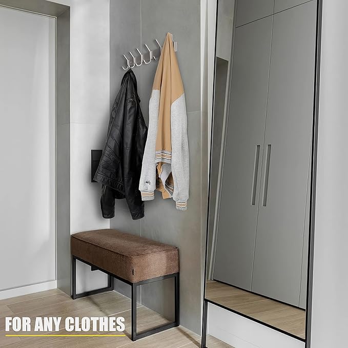 Coat Rack Wall Mount – Brushed Nickel 17 Inch Stainless Steel Hook Rail with 6 Heavy Duty Double Coat Hooks – Wall Mounted Coat Hanger for Entryway, Bathroom, Bedroom, Towel, Hat Organizer - 4 Pack
