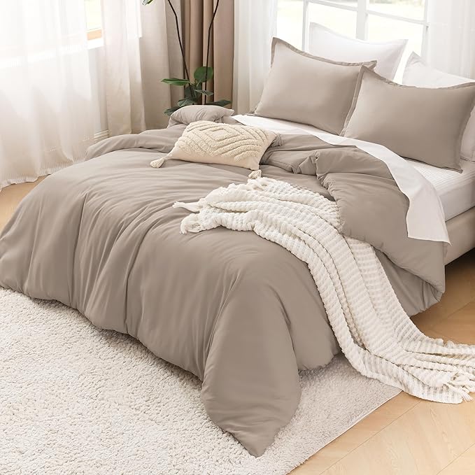 Litanika Light Coffee Oversized King Comforters Super King Size, 3 Pieces Lightweight Solid Bedding Comforter Set, All Season Fluffy Bed Set (120x120In Comforter & 2 Pillowcases)