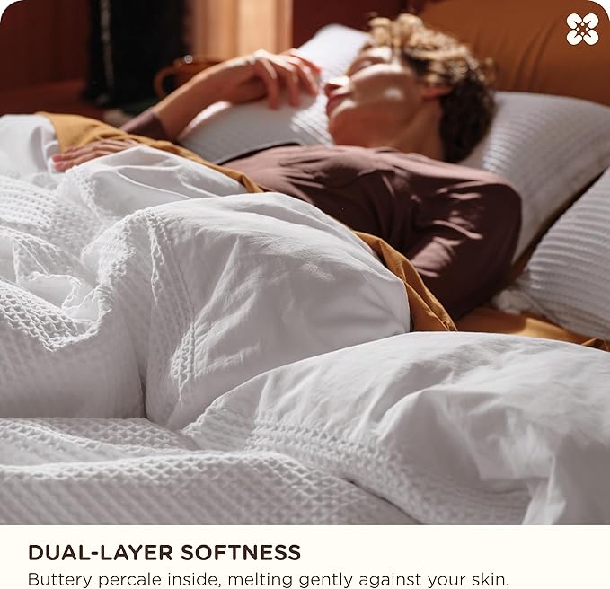 Bedsure Cotton Duvet Cover Queen - 100% Cotton Waffle Weave Bright White Duvet Cover Queen Size, GentleSoft™ and Breathable Bedding Set for All Season, 3 Pieces, 90"x90"