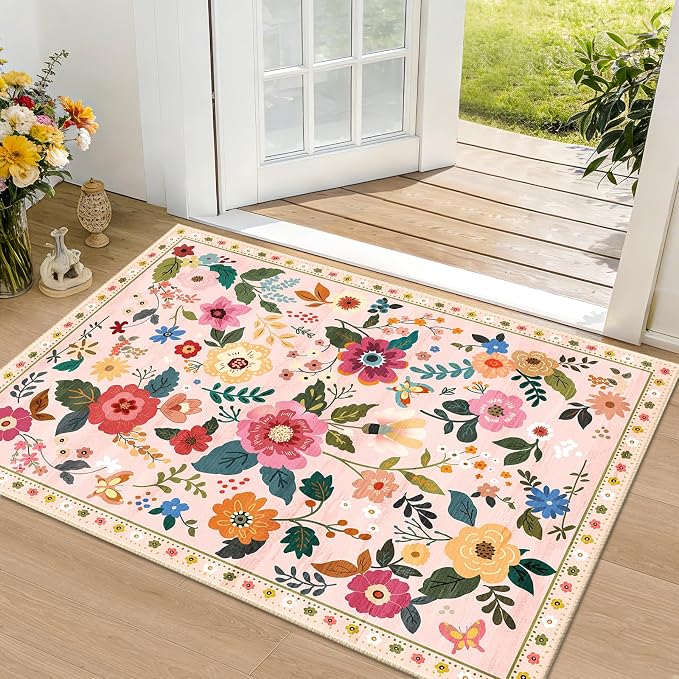 RELEANY Floral Washable 2x3 Area Rugs Doormat Pink | Flower Carpet Print Boho - Image 2