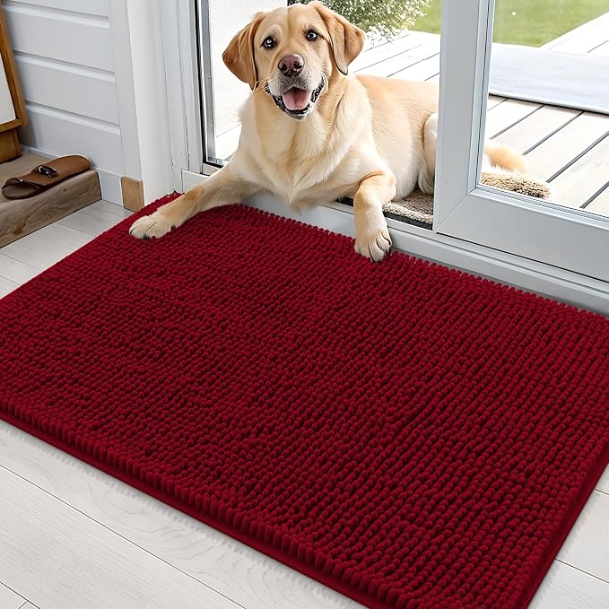 OLANLY Dog Door Mat for Muddy Paws 36x24, Super Absorbent Chenille Mud Mat | Red by OLANLY