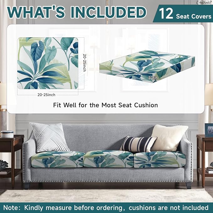 CALBODE 12 Pcs Stretch Sofa Chair Seat Cushion Covers, Breathable, Botanical - Image 2