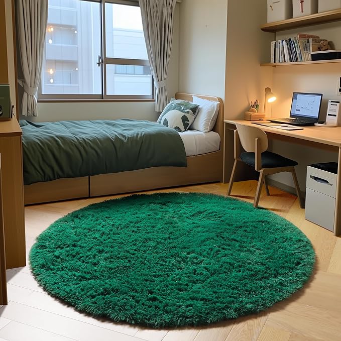 Dark Green Round Area Rug 4ft, Soft Bedroom Circle Rugs by ONASAR