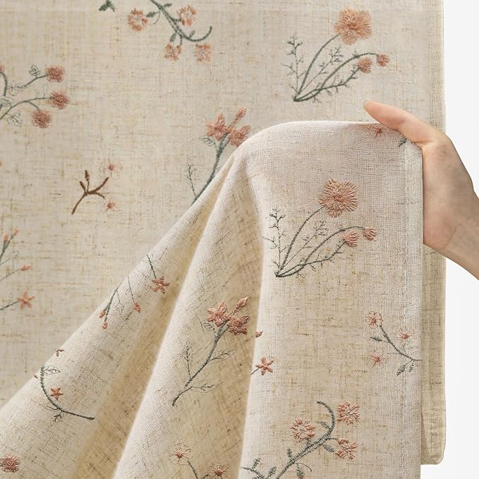 Floral Embroidered Light Filtering Curtains 96 Inch 2 Panels | Linen Blend - Image 5