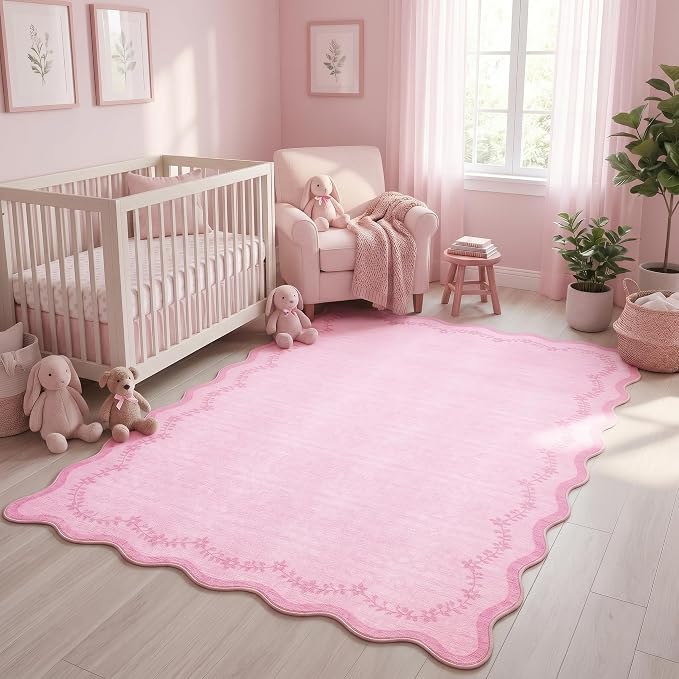 GarveeHome 4x6 Scalloped Washable Area Rug Pink Nursery Kids Bedroom Rug | Soft by GarveeHome